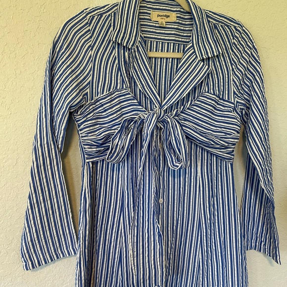 Blue & White Stripped Tie Front Maxi Shirt Dress, Coastal Chic Button Down Dress - Picture 4 of 11